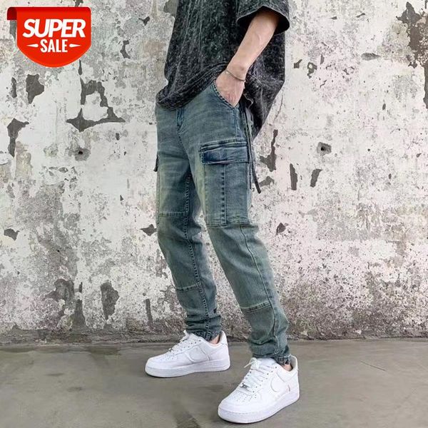 

original washed retro pockets jeans pants mens streetwear slim stretch denim pencil hip hop harajuku trousers #xa1c, Blue