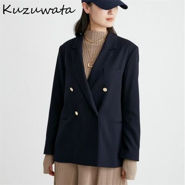 

kuzuwata autumn women's clothing v neck double breasted nine quarter sleeve pocket suits japanese office lady blazers 211006, White;black