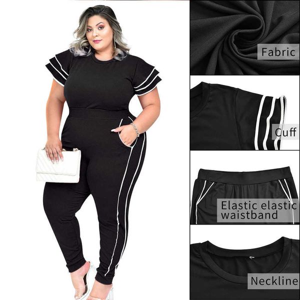 Venda Grande senhora 2 peça roupas roupas plus size plissado verão manga curta listrada impressão moda escritório mulheres conjunto D30 Y0625