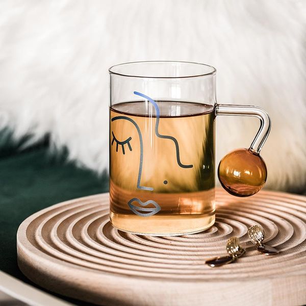 

wine glasses creative face print glass cup with handgrip drinkware water bottle heat-resistant transparent tea milk coffee mugs