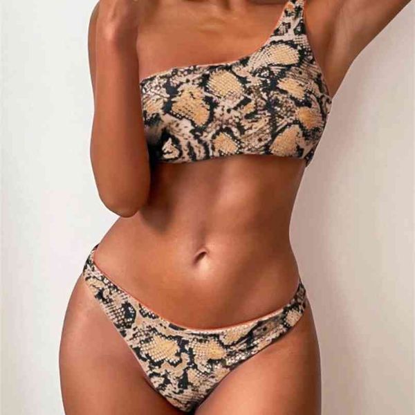 

snakeskin print one shoulder bikini set women bandage leopard swimsuit female brazilian swimwear beach bathing suit 210722, White;black