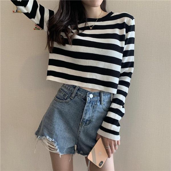 

women's sweaters autumn chic korean women fashion casual o neck long sleeve striped hit colors knitted short pullovers student crop top, White;black