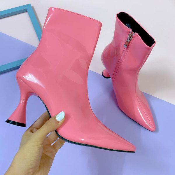 

boots plus size winter women ankle patent leather pointed toe short boot designer green white heels party shoe, Black