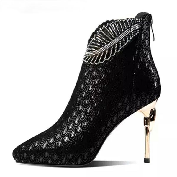 

boots luxury peacock pattern embossed women platform crystal heel leather shoes lady rhinestone zip stiletto ankle boot, Black
