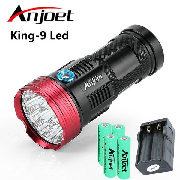 

anjoet hunting 15000 lumens king 9t6 led 9 x xm-l t6 torch lantern for camping work lamp+4x 18650 battery+charger flashlights tor torches