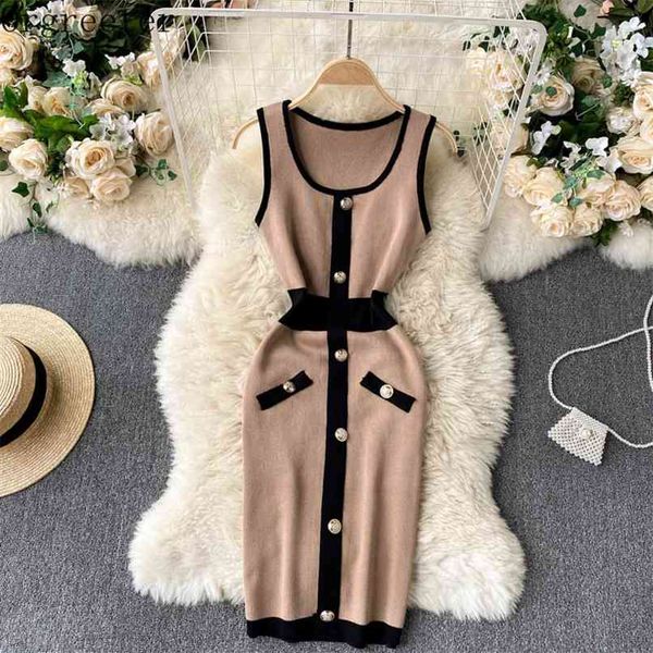 

summer u-neck color matching single button sleeveless high-waist bodycon knitted dress stretch mini 210602, White