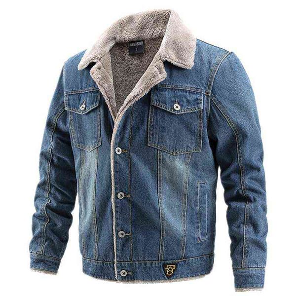 Aiopeson Plus Velvet Denim Jaqueta Denim Homens Casuais Lapela de Algodão Jeans Jaqueta Homens Coleira De Pele Quente Inverno Mens Jaquetas e Casacos 211110