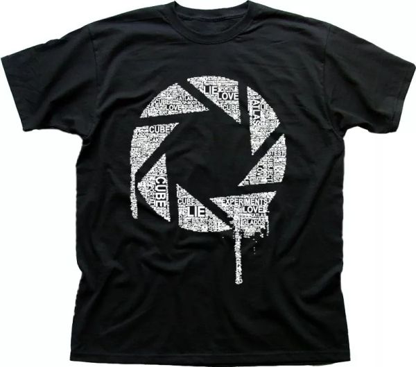 

chell glados words wheatly parody turrets black printed t-shirt 9698, White;black