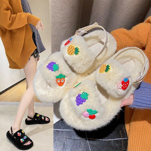

fruits winter women memory foam cozy home slippers faux fur flat warm plus female comfort hairy soft non-slip open toe, Black