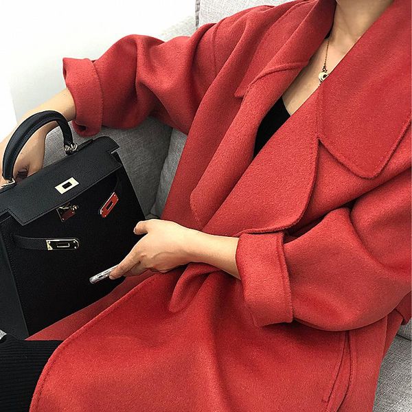 

women's wool & blends double faced cashmere overcoat middle long thickened high end autumn winter over knee for 2021, Black