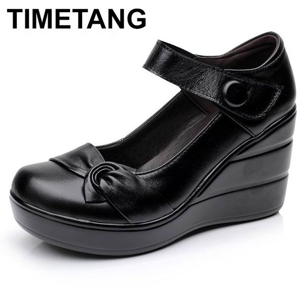 

spring autumn genuine leather women's fashion high heels pumps wedges black color female platform shoes dress
