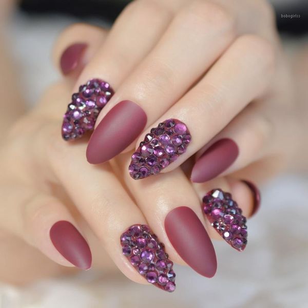 

custom stiletto fake nails full rhinestones beads design mauvs red falsies nail tips 241, Red;gold