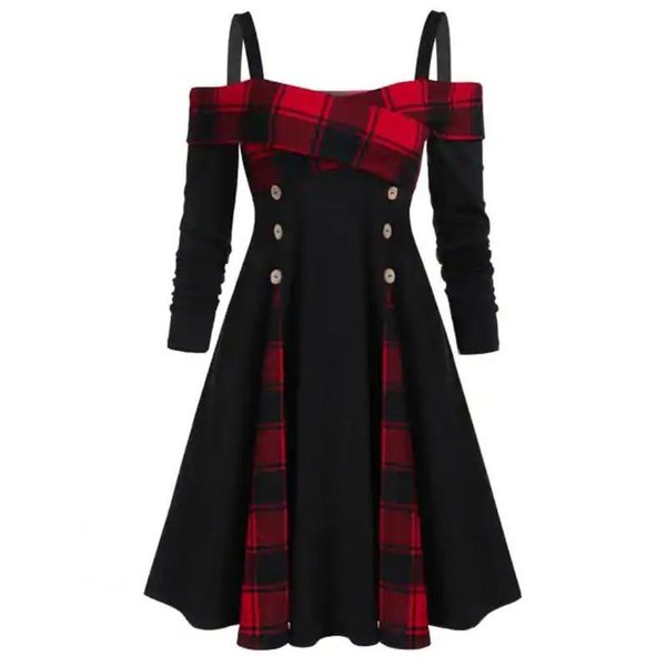 

casual dresses 2021 dress for women plus size off shoulder plaid panel button a-line swing vintage vestido night club, Black;gray