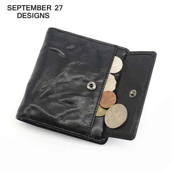 

wallets bifold short wallet men first layer leather vintage pleated end cowhide coin purse male retro change bag, Red;black