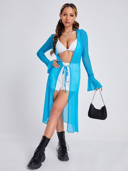 

lettuce trim knot front mesh kimono u7qh#, White;black