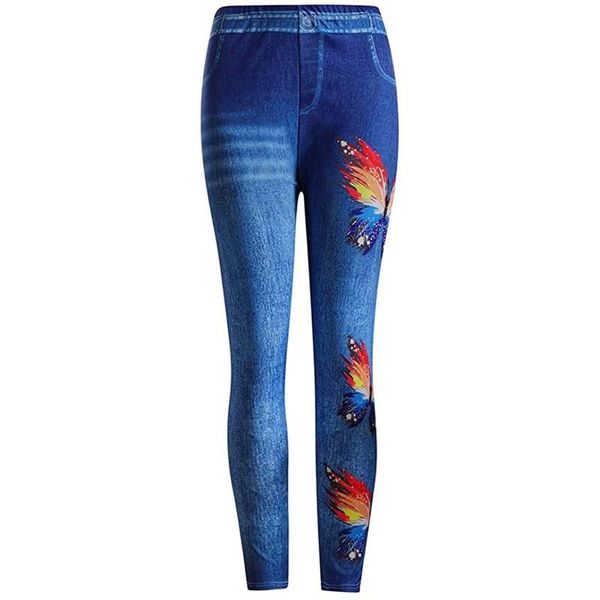 

plus size pants stretch high waist jeans women skinny slim trousers female elastic butterfly print casual faux denim, Black