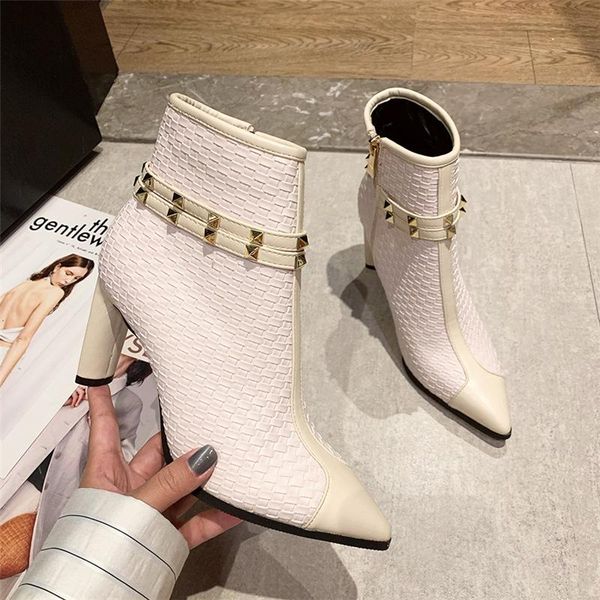 

boots 2021 winter women studded female pointed toe block high heels thin ankle booties lady 8.5cm shoes, Black