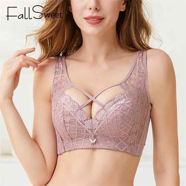 FallSweet Spitze Wireless BH Hollow Out Weste BHs C D E Cup Büstenhalter Femme Sexy Dessous für Frauen in Übergröße 210728