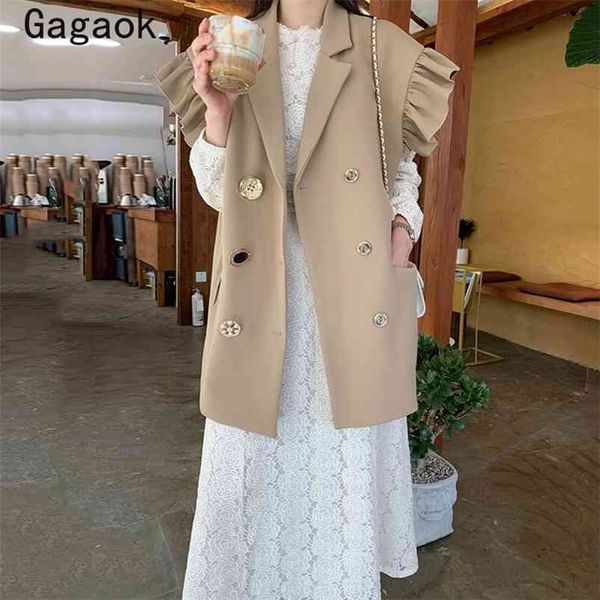 

office lady chic women vest spring autumn solid button ruffles turn-down collar loose wild vests k4023 210531, Black;white