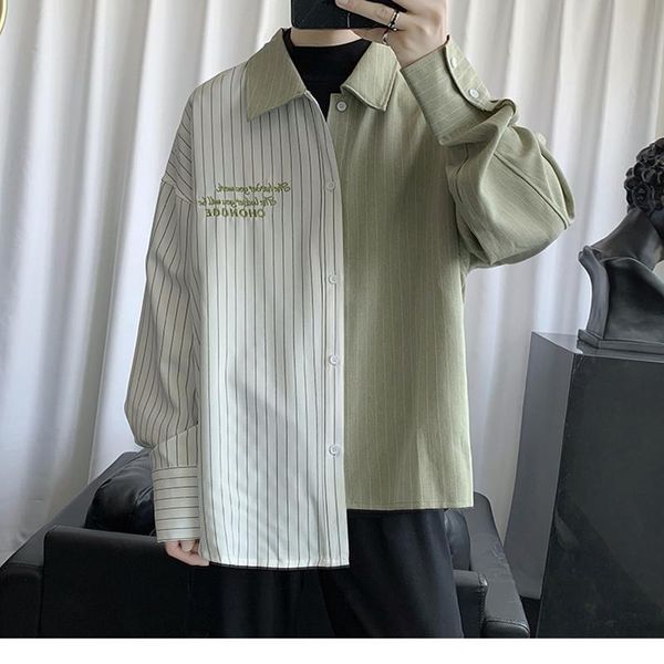 

men's casual shirts autumn hong kong style vertical striped long-sleeved shirt korean trendy brand loose splicing irregular, White;black