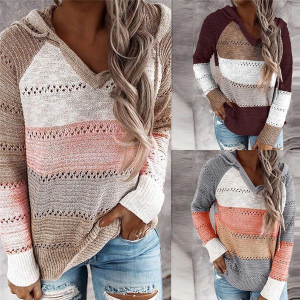 

women's sweaters autumn v neck patchwork hooded women casual long sleeve knitted sweater winter striped elegant pullover jumpers, White;black