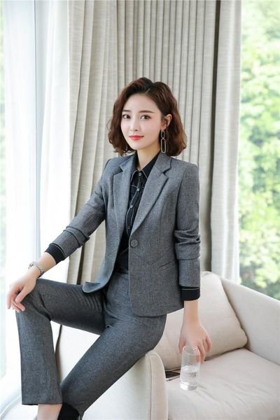 

novelty grey formal professional women business work wear pantsuits with pants and blazers autumn winter ol styles suits women's two pi, White
