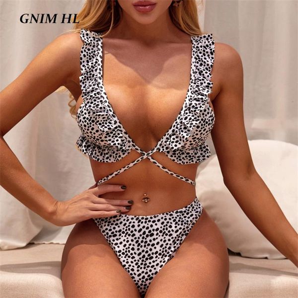 

bandage bikini mujer 2021 ruffle swimwear women two pieces leopard print swimsuit biquini halter swim bathing suit women's, White;black