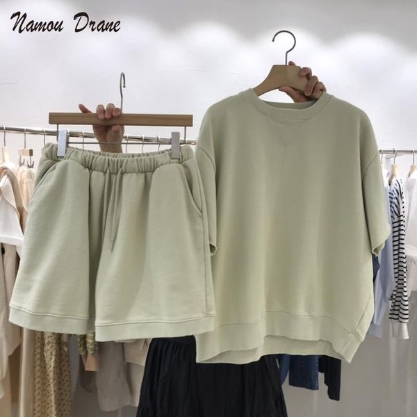

women's tracksuits 2021 summer round neck solid color short-sleeved sweater + elastic waist lace-up shorts 2-piece female white suit, Gray