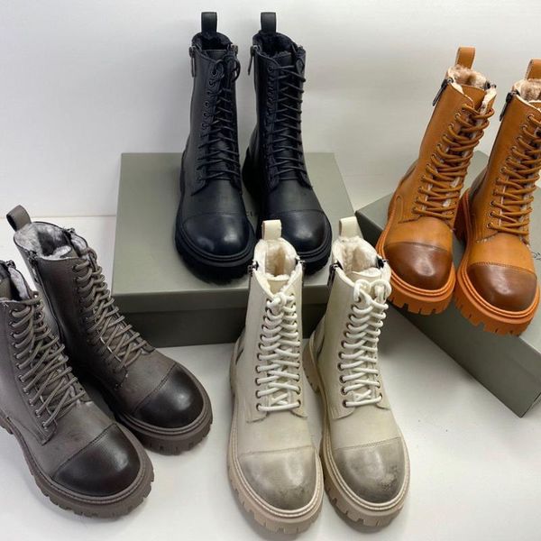 

boots fashion brand women's winter genuine leather retro thick wool lace-up warm non-slip outsole personality, Black