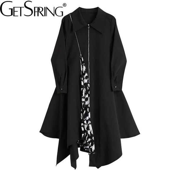 

women's trench coats getspring women coat irregular color matching printing balck long asymmetry loose casual overcoat 2021, Tan;black