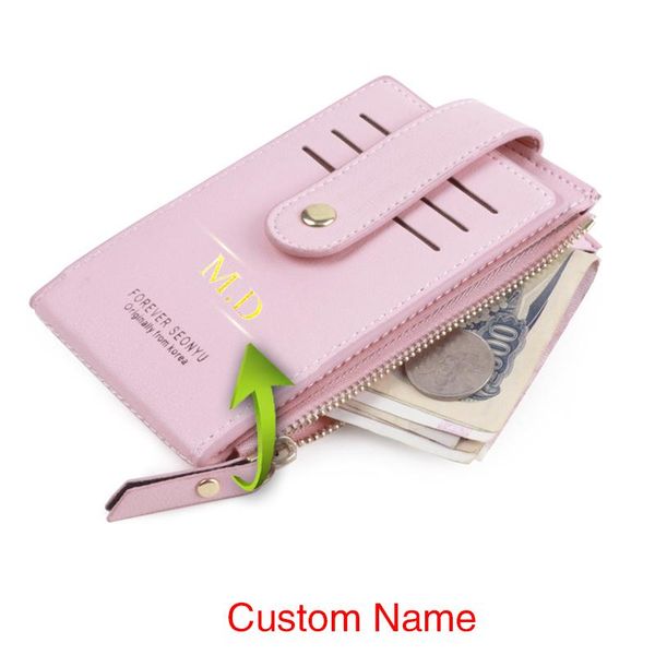 

card holders golden name women's id holder thin zipper wallet solid color business customized lady coin purse, Brown;gray