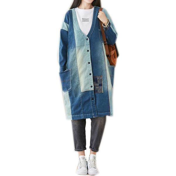 

women's trench coats women denim windbreaker v neck outwear for autumn patchwork retro vintage big loose street female a12071937, Tan;black