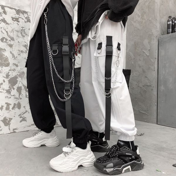 

pants for women trendy dark series high street hip hop multi-pocket ankle-tied ribbon workwear casual wide-leg pants with, Black;white
