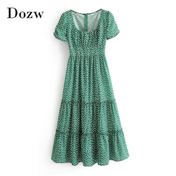 

floral print beach maxi dress summer short sleeve pleated long women square collar loose casual sundress robe femme 210515, Black;gray