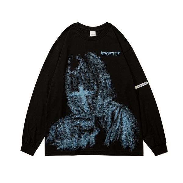 

high street fashion brand printed long sleeve pullover autumn men's dark hip hop large size sweater youth casual top, Black