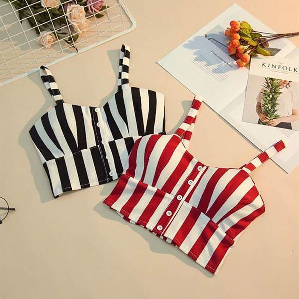 

camisoles & tanks stripe pattern crop women camis halter camisole 2021 summer sleeveless slim low chest button plus size clothing, Black;white
