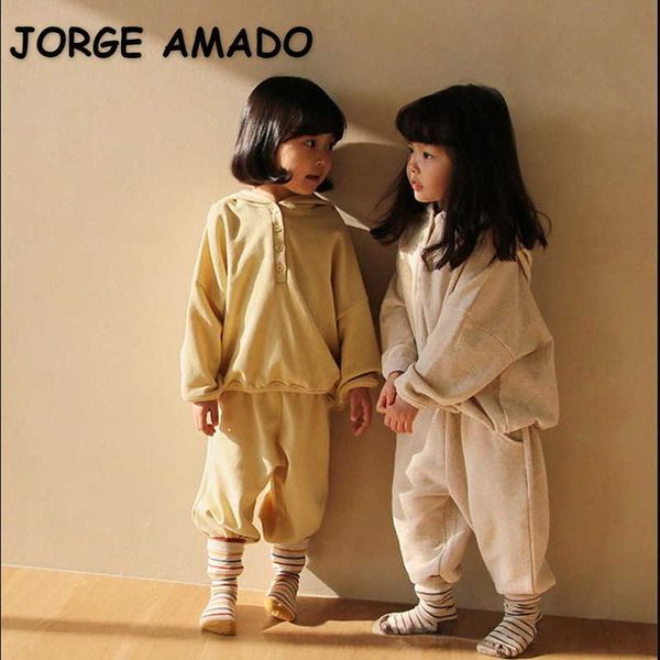 

spring korean style baby girl 2-pcs sets sweatershit long sleeves hooded + trousers kids clothes e4002 210610, White