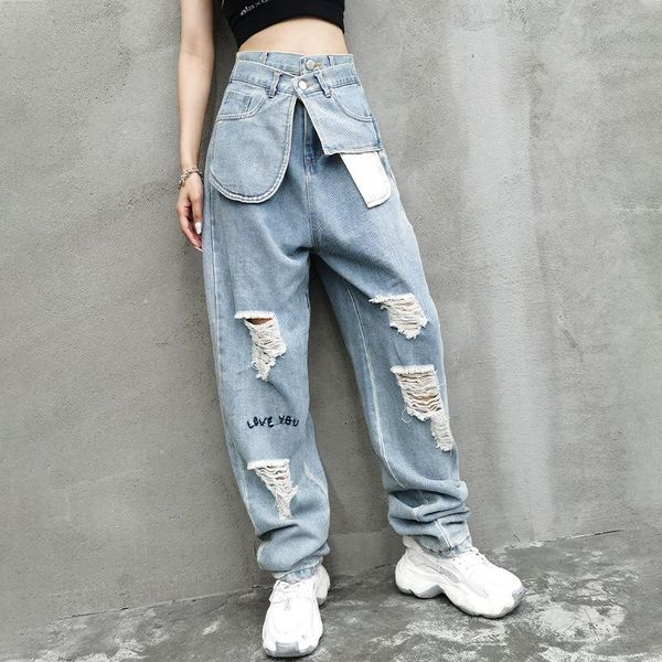 

high-waisted jeans, women's hole, tide brand, light blue straight trousers, wide-leg pants with street design sense jeans