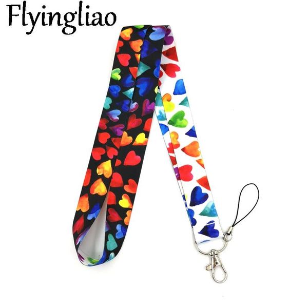 

colorful rainbow love hearts couple neck strap lanyards id badge card holder keychain mobile phone gift ribbon webbing cell straps & charms