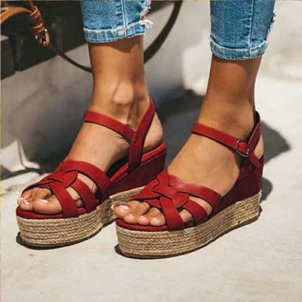 

dress shoes 2021 woman sandals women's buckle strap wedges ladies open weave female ankle toe platform women footwear plus szie, Black