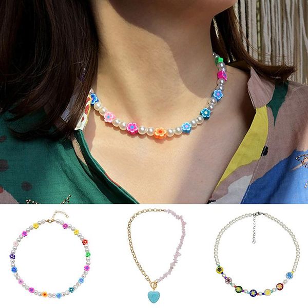 

chains boho pearl beaded chain choker necklaces for women girls sweet elegant heart pendant necklace fashion jewelry gifts, Silver