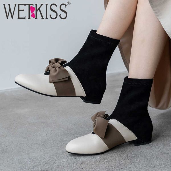 

wetkiss cow leather ankle boots women thick heels low sock boot female bow knot shoes ladies round toe shoes women winter 210630, Black