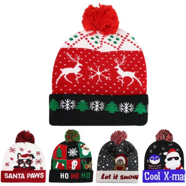 10 style Led Christmas Knitted Hats 23*21cm Kids Mom Winter Warm Beanies Deer Santa Claus Crochet Caps ZZA3338