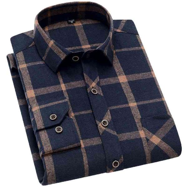 Aoliwen marca homens amarelo xadrez preto escovado camisa de manga longa bolso primavera casual homens camisas flannel algodão macio fit 210629