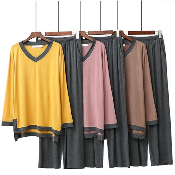 

women's sleepwear modal fat mm women pajamas set v-neck long sleeve patchwork color nightwear pijama cotton autumn winter pyjama f, Black;red