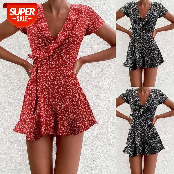 

women's summer wild mini dress floral printed elegant ruffles v-neck bandage short sleeve casual fitting for ladies #i50o, White;black