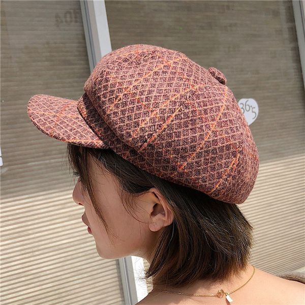 

hat girl autumn and winter version fashionable octagonal lattice beret student british pumpkin painter's hat, Blue;gray