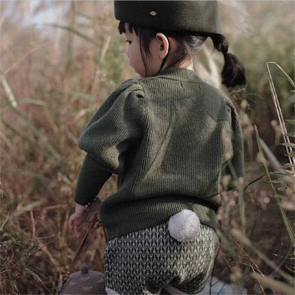 

baby girls sweater children knitwear 100% woolen knitted s clothes puff sleeve pompom kids pullover for girl 211201, Blue