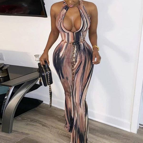 

women's jumpsuits & rompers fashion 2021 jumpsuit women summer v-neck tie dye print long sleeve halter strapless casual combinaison fem, Black;white