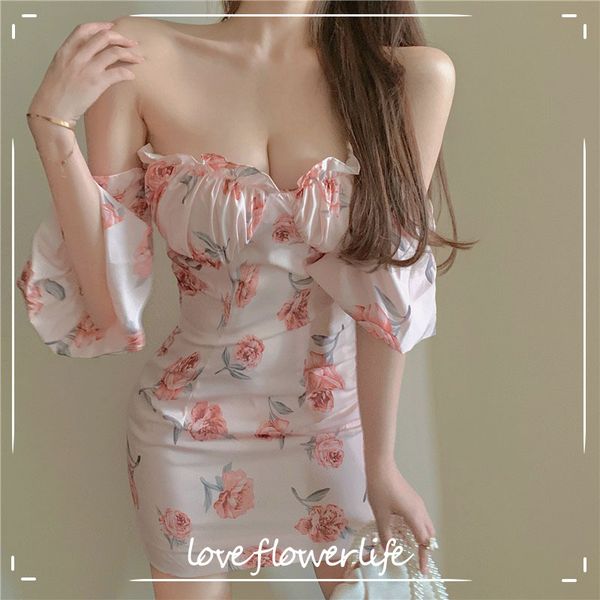 

one shoulder dress elegant vintage floral high waist fairy dress evening party korea style design slim women dresses summer 210521, Black;gray